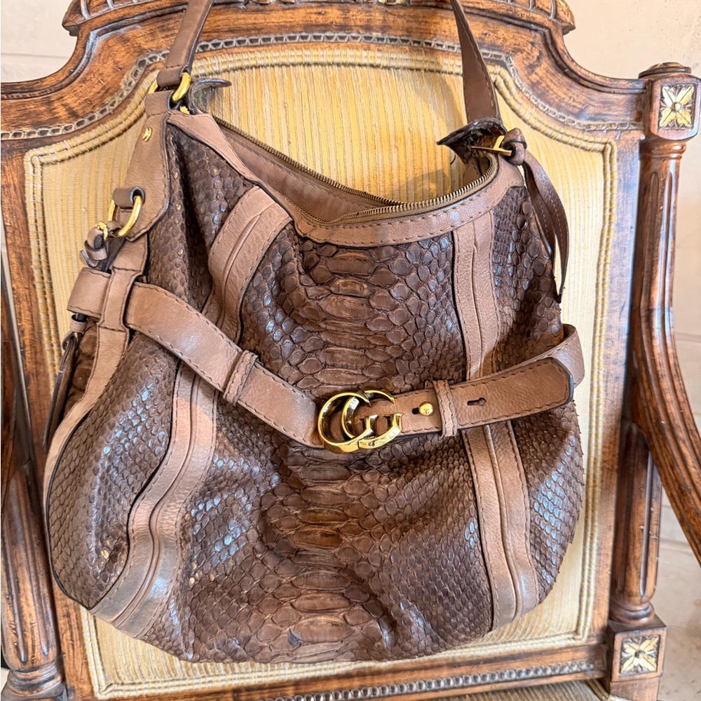 Gucci Brown Python-Embossed Leather Shoulder Bag … - image 2